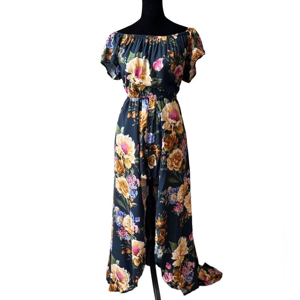 Iris navy floral SZ L scoop neck boho shorts romper maxi dress